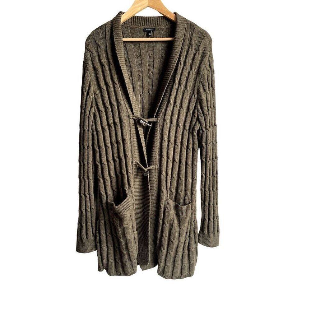 Talbots Cable Knit Olive Green Toggle Wool Cotton Blend Cardigan Sweater